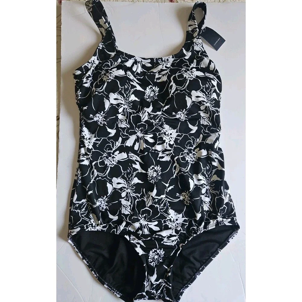 NWT Lands' End One-Piece Floral Black & White Swimsuit Size 14 L